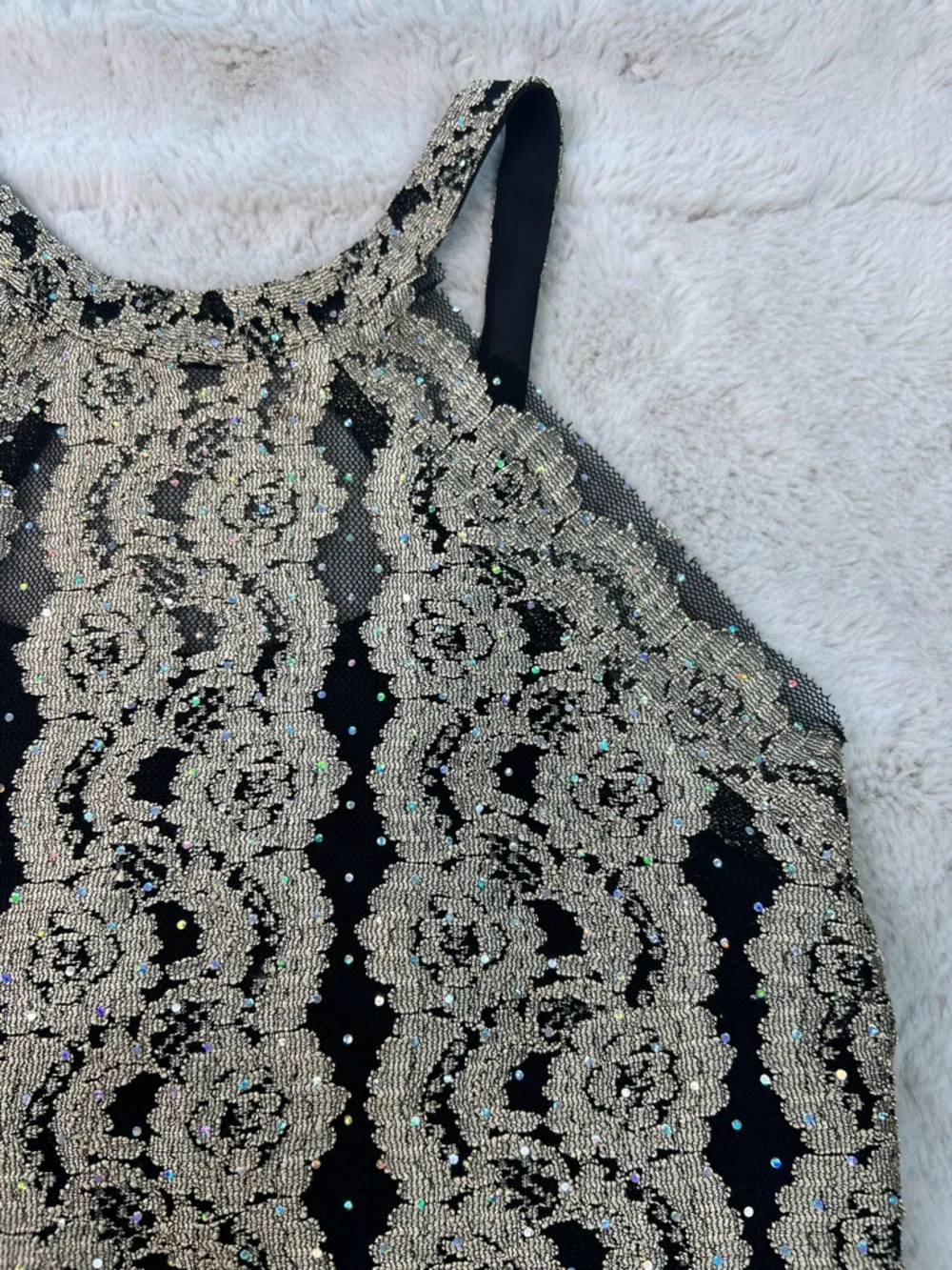 Joseph Ribkoff Black Gold Sparkle Lace Halter Bodycon Dress Size 12 Mini Vintage - Picture 5 of 16